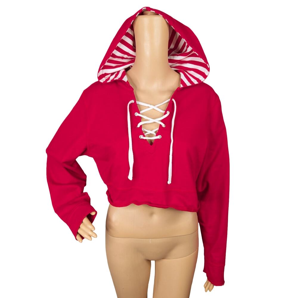 Vtg Y2K No Boundaries Red White Striped Hooded Lace Up Cropped Sweatshirt XXL
